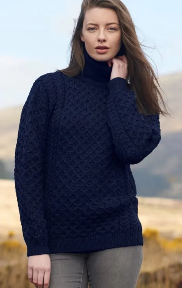 Unisex Aran Turtleneck Sweater Navy