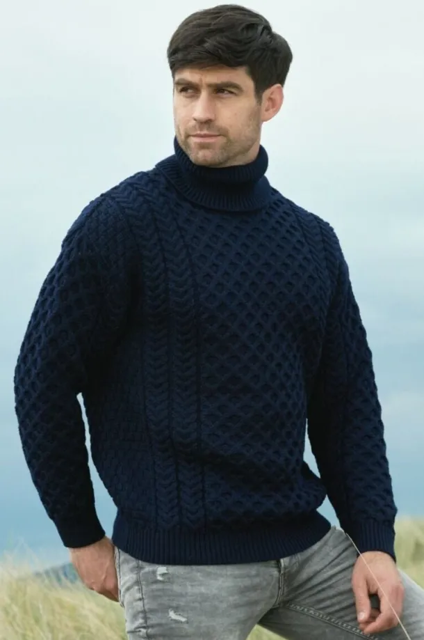 Unisex Aran Turtleneck Sweater Navy