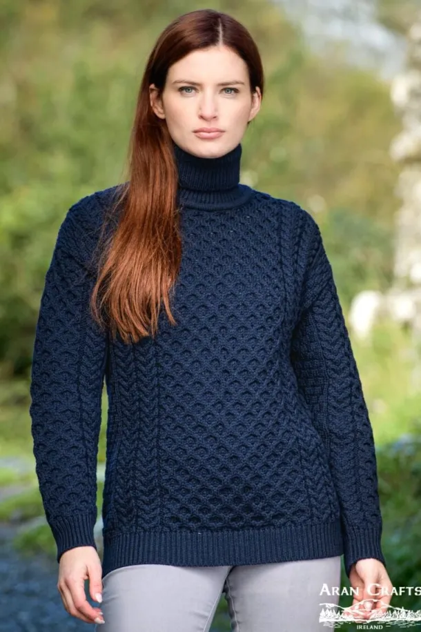 Unisex Aran Turtleneck Sweater Navy