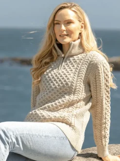 Unisex Half Zip Merino Wool Sweater Parsnip