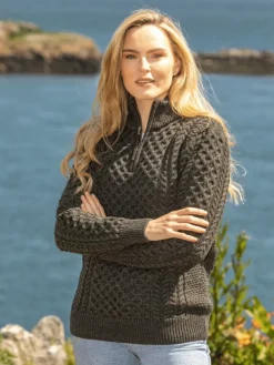Unisex Half Zip Merino Wool Sweater Green Marl