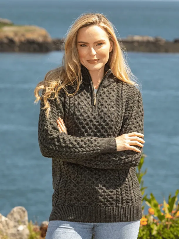 Unisex Half Zip Merino Wool Sweater Green Marl