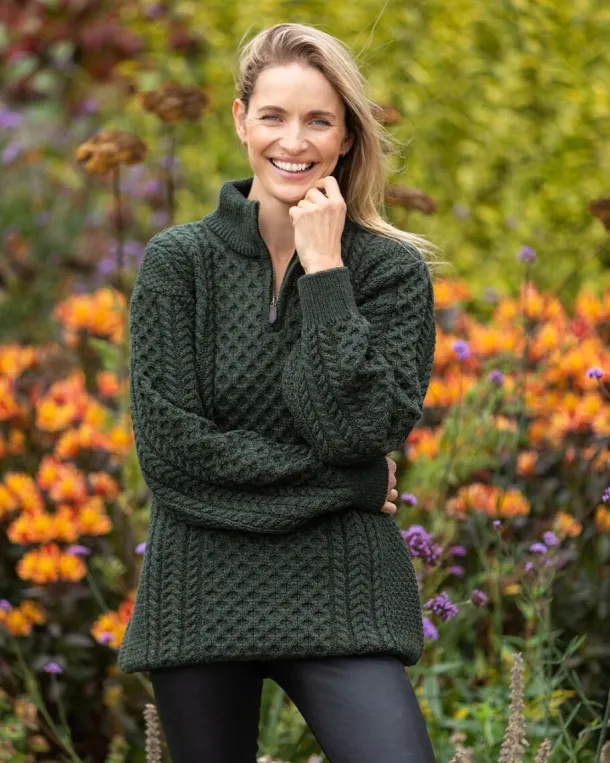 Unisex Half Zip Merino Wool Sweater Green Marl
