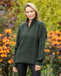 Unisex Half Zip Merino Wool Sweater Green Marl
