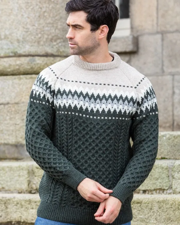 Unisex Merino Wool Aran Fairisle Sweater Army Green