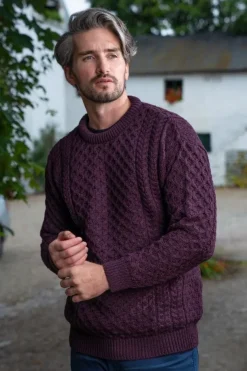 Unisex Merino Wool Aran Sweater Damson