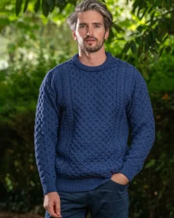 Unisex Merino Wool Aran Sweater Denim Blue