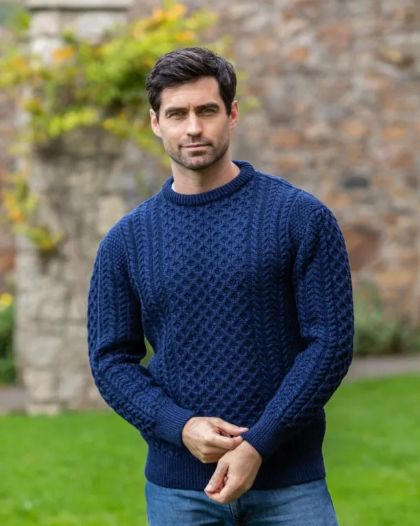 Unisex Merino Wool Aran Sweater - Deep Water Blue