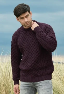 Unisex Merino Wool Aran Sweater Damson