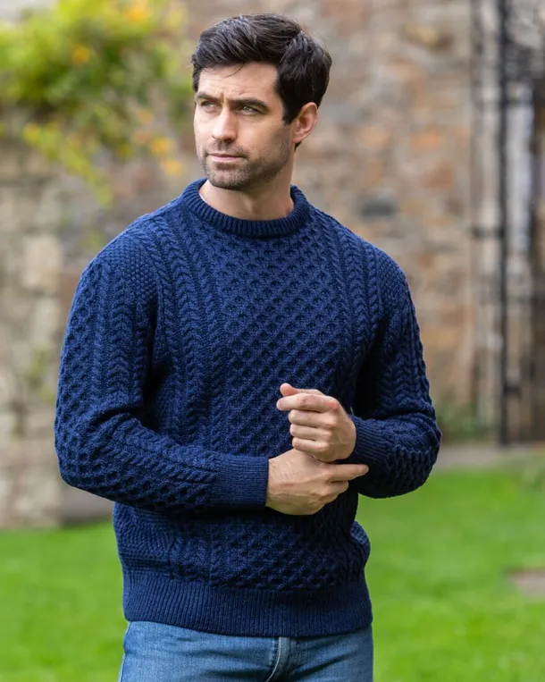 Unisex Merino Wool Aran Sweater - Deep Water Blue