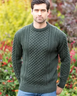 Unisex Merino Wool Aran Sweater - Army Green