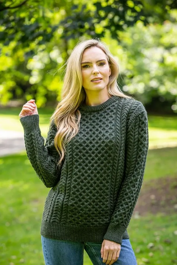 Unisex Merino Wool Aran Sweater Army Green