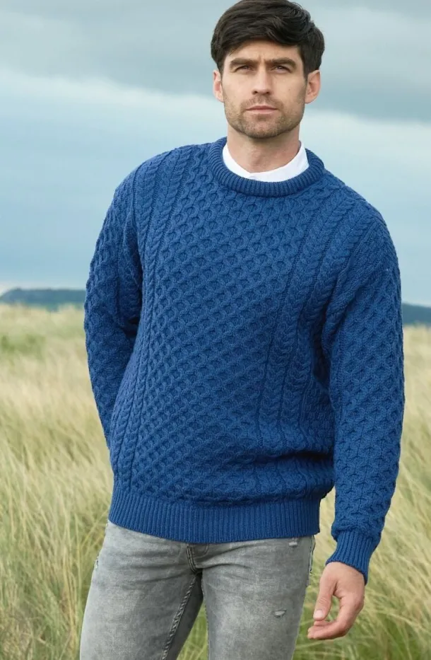 Unisex Merino Wool Aran Sweater Denim Blue