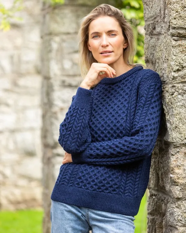 Unisex Merino Wool Aran Sweater Deep Water Blue