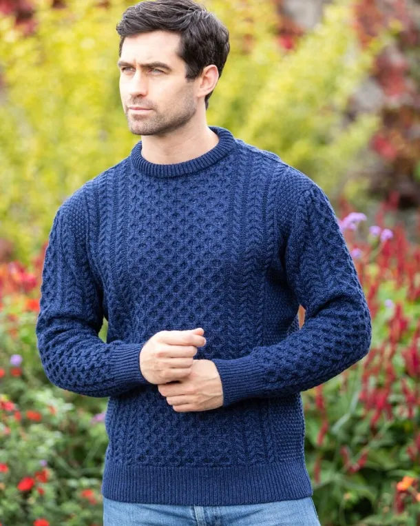Unisex Merino Wool Aran Sweater - Deep Water Blue