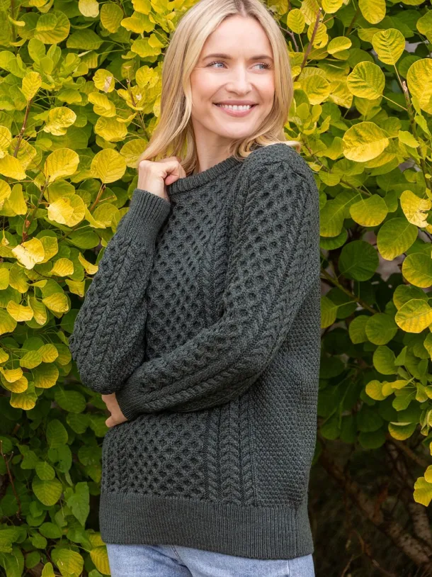 Unisex Merino Wool Aran Sweater Army Green