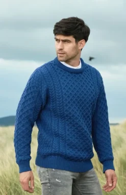 Unisex Merino Wool Aran Sweater Denim Blue