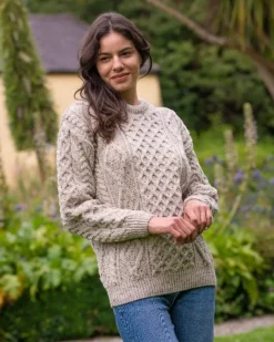 Unisex Pure Wool Aran Sweater Oatmeal Fleck