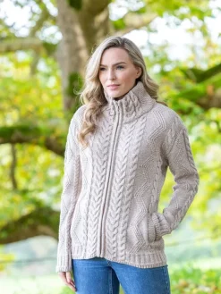 Womens Cable Knit Cardigan with Claddagh Zip