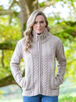 Womens Cable Knit Cardigan with Claddagh Zip