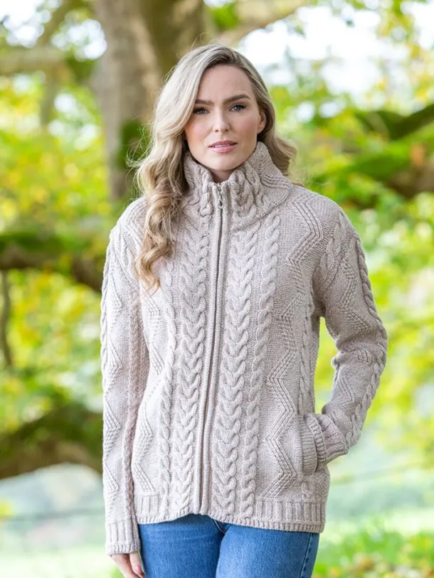 Womens Cable Knit Cardigan with Claddagh Zip