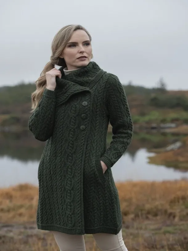 Womens Long Coat with Chunky Collar Green