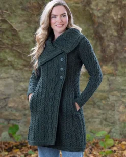 Womens Long Coat with Chunky Collar Green