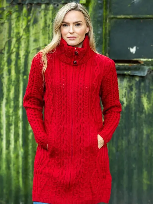 Womens Long Fitted Aran Coat - Red