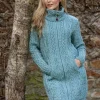 Womens Long Fitted Aran Coat - Aqua