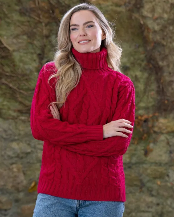 Womens Turtleneck Sweater Merino Wool Red