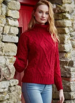 Womens Turtleneck Sweater Merino Wool Red