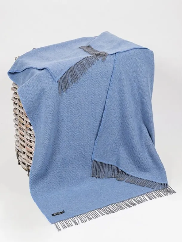 Wool and Cashmere Blue Herringbone Throw Col: 1403