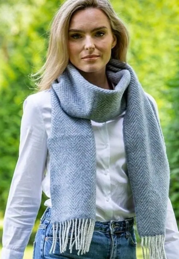 Wool and Cashmere Blue Herringbone Scarf 2424