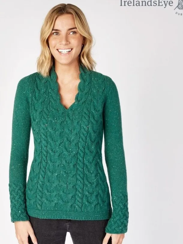 Wool and Cashmere Cable v Neck Sweater - Green Garden