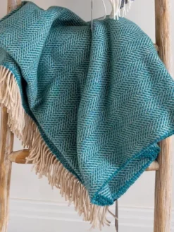 Wool and Cashmere Turquoise Herringbone Throw Col: 1417