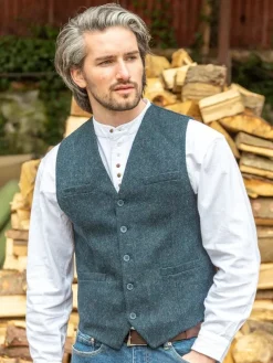 Wool Blend Lined Waistcoat Navy Herringbone