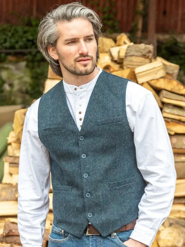 Wool Blend Lined Waistcoat Navy Herringbone