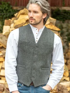 Wool Blend Lined Waistcoat Grey Herringbone