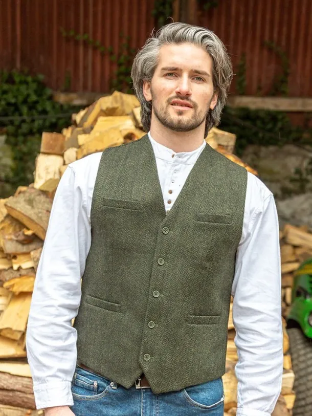 Wool Blend Lined Waistcoat Olive Herringbone
