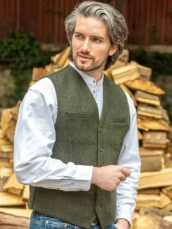 Wool Blend Lined Waistcoat Olive Herringbone