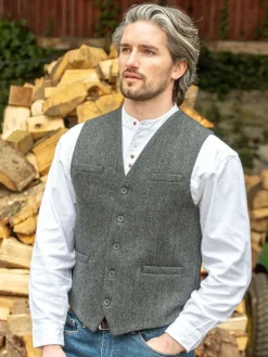 Wool Blend Lined Waistcoat Grey Herringbone