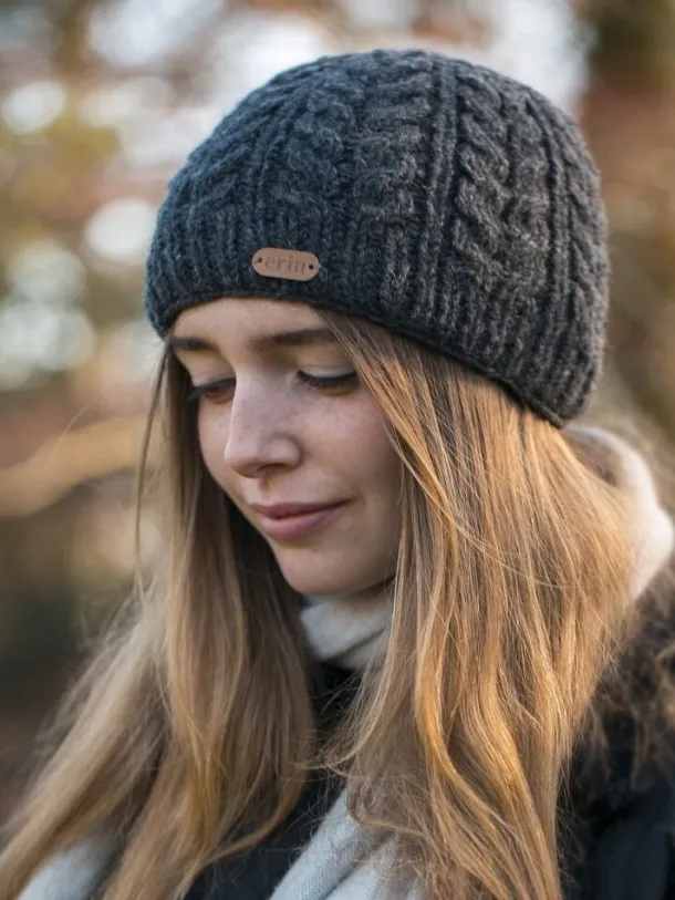 100% Wool Fully Lined Aran Pull on Hat Charcoal