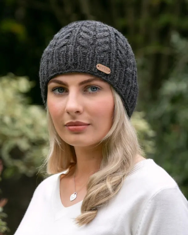 100% Wool Fully Lined Aran Pull on Hat Charcoal
